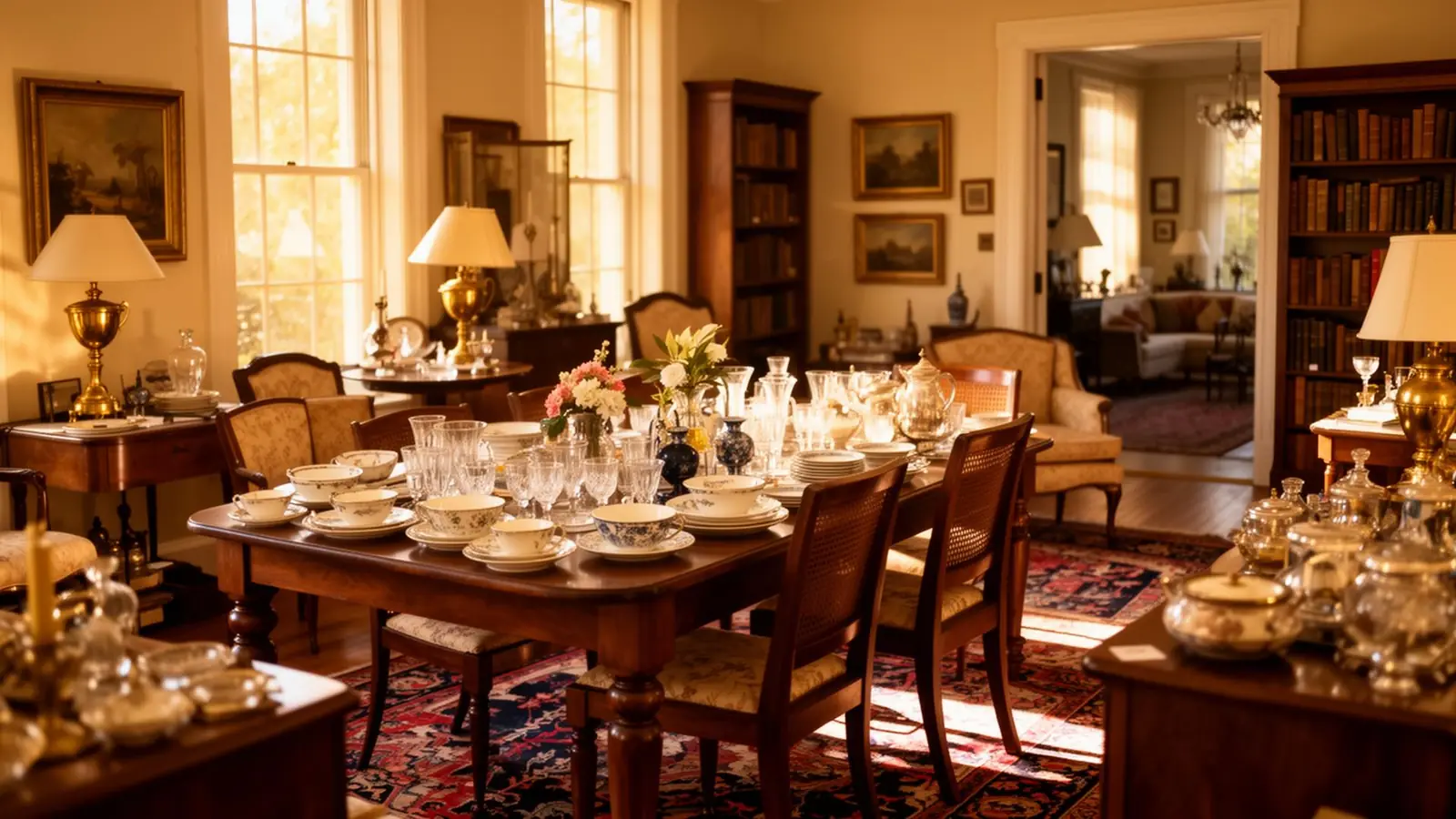 Elegant estate sale inside a Southern home with antique furniture, china, and collectibles